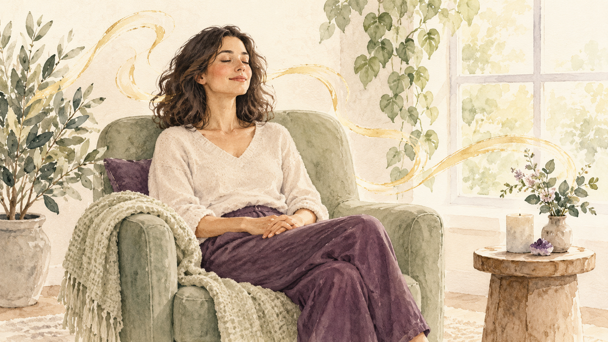 Watercolour illustration of a woman resting quietly in a sage armchair, surrounded by foliage and soft golden brushstrokes.