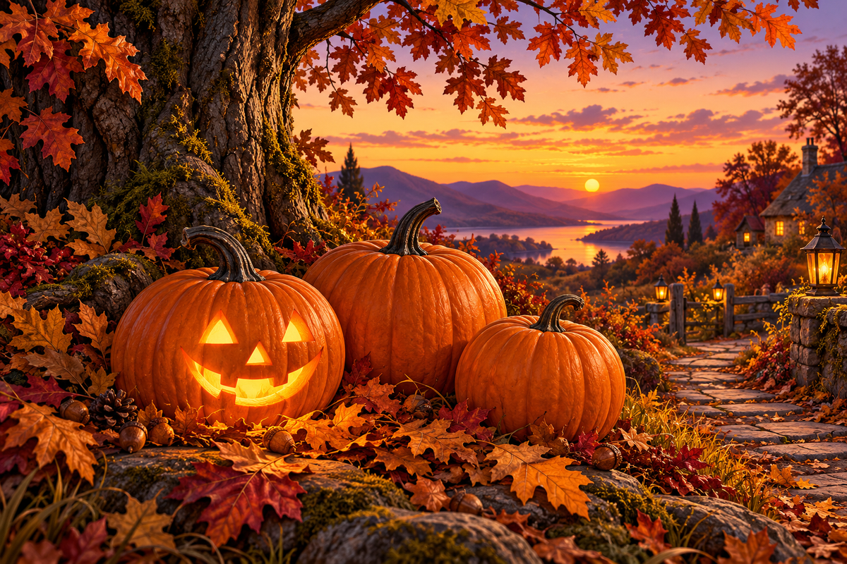 Autumn collection artwork: three orange pumpkins and warm lanterns beside a tree, with crisp leaves and a sunset.