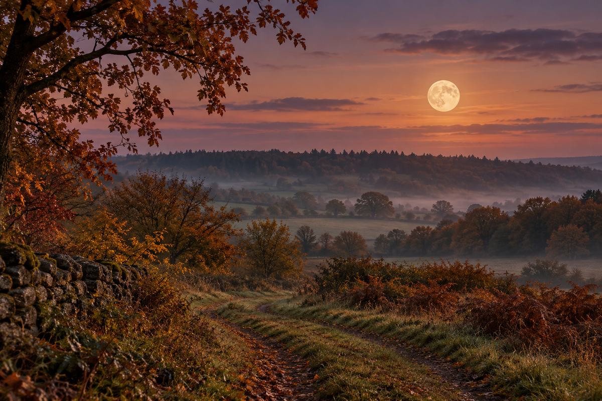 Illustrative full Moon over autumn countryside, with warm twilight, russet leaves and a misty field path.