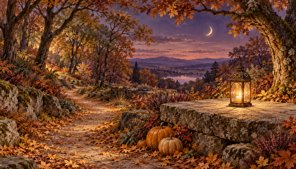 Watercolour autumn woodland path with pumpkins, a glowing enclosed lantern and gentle moonlight.