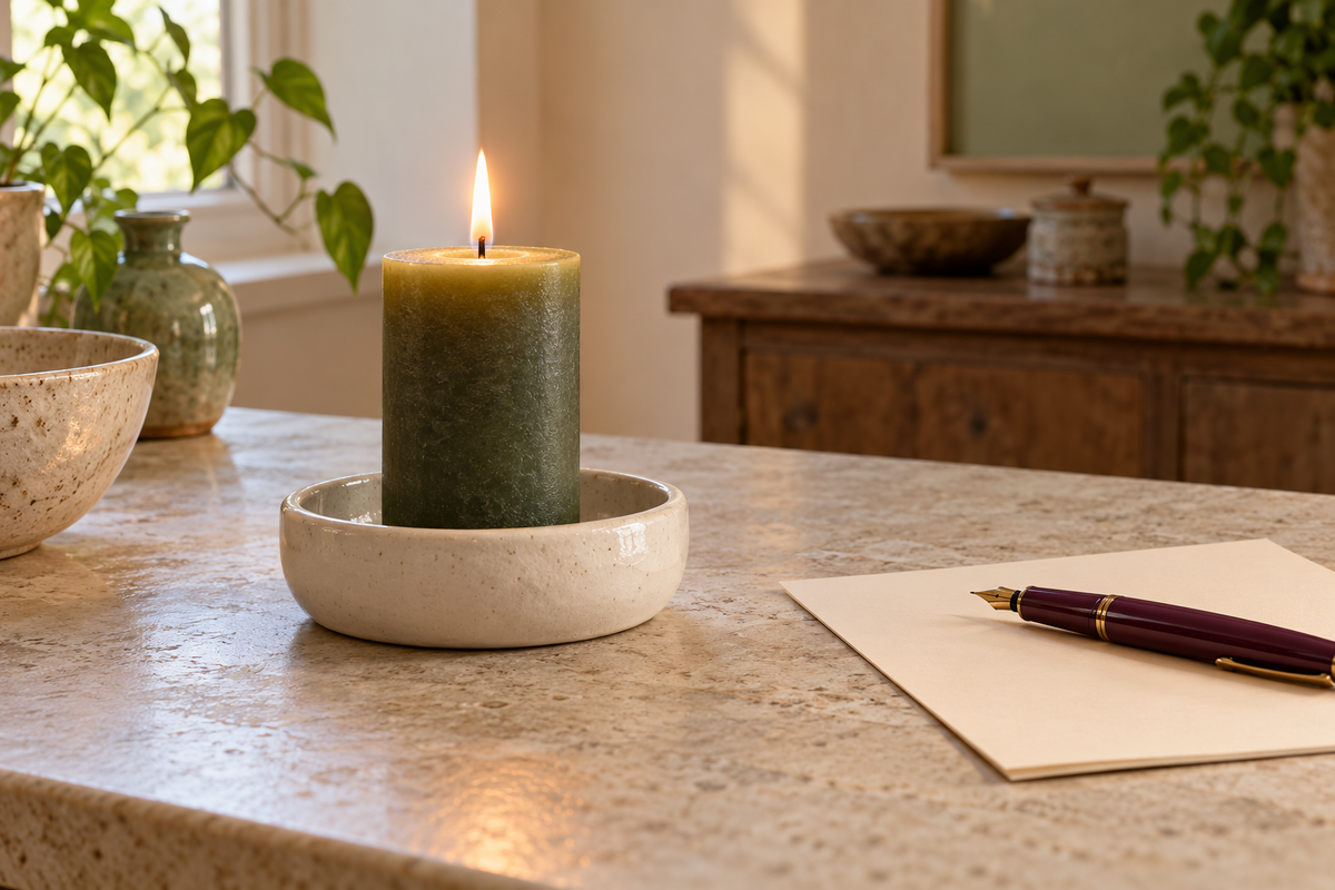Illustrative prosperity ritual setup: a green candle in a ceramic holder on a stone table, with paper and a plum pen kept well to one side.