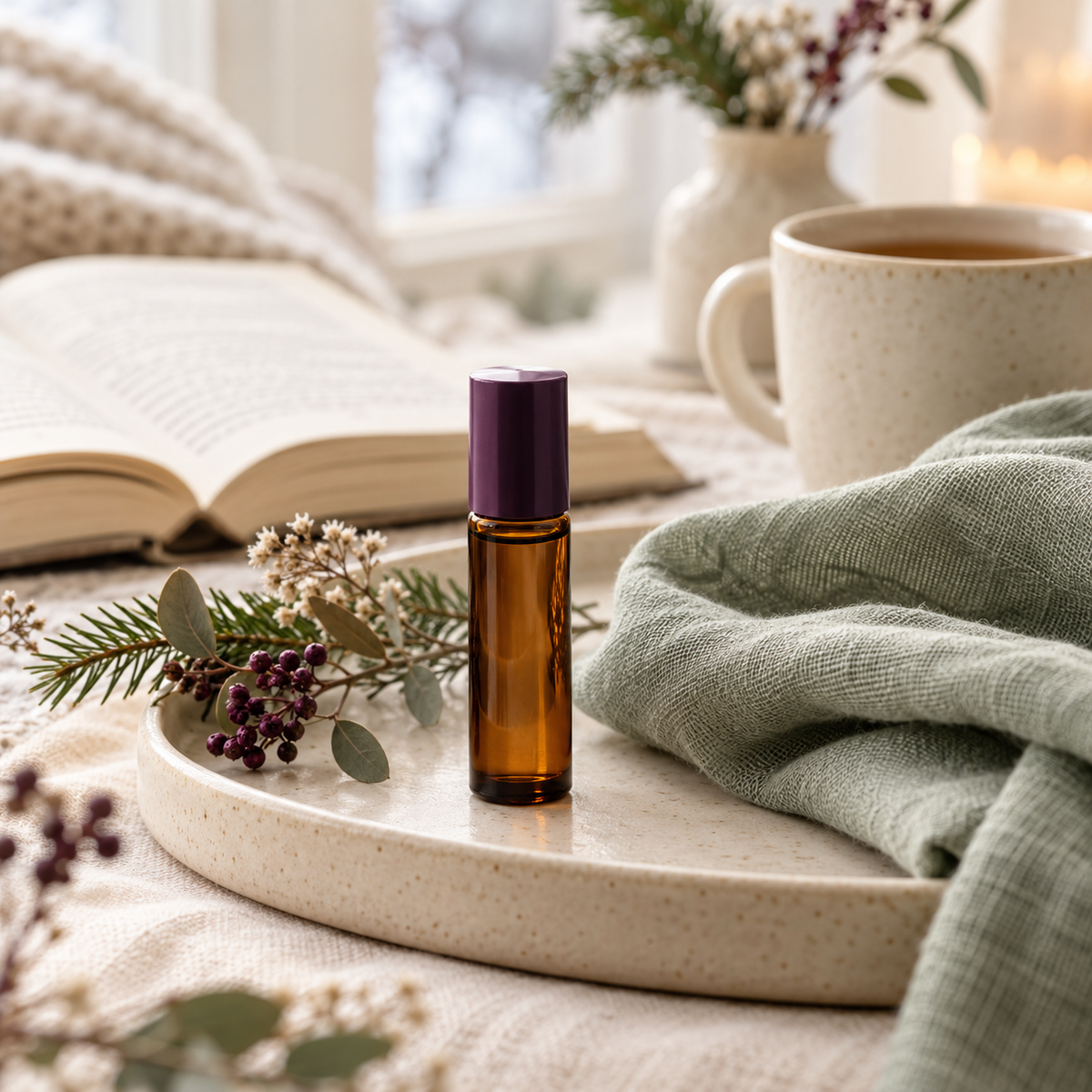 Collection inspiration: an unbranded amber roller bottle beside a book, tea and sage linen.
