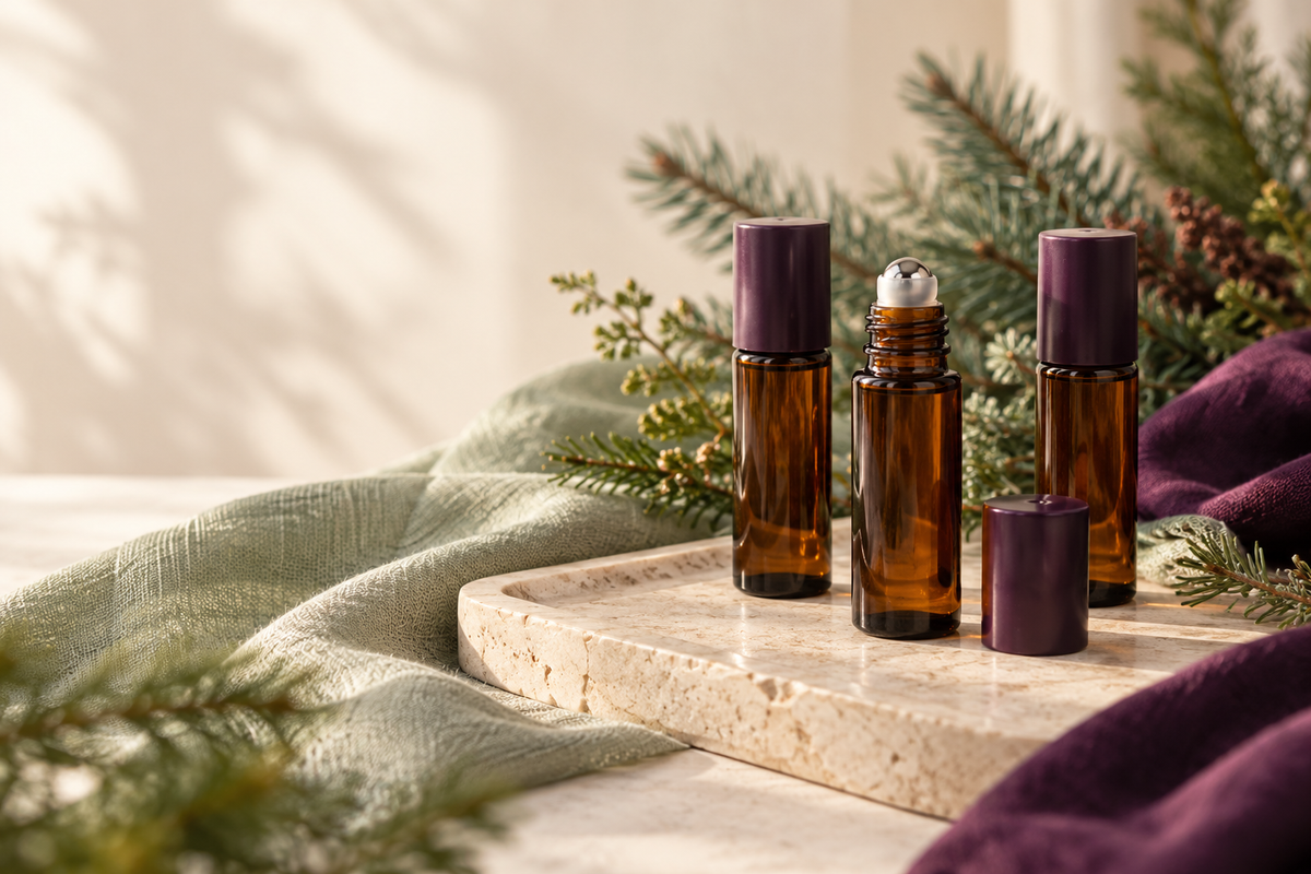 Collection inspiration: unbranded amber roller bottles with plum caps, sage linen and winter foliage.