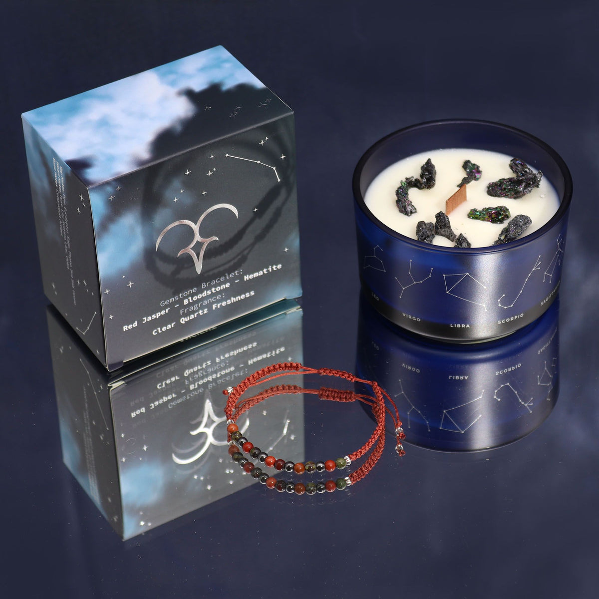 Aries Zodiac crystal candle with gemstone bracelet.