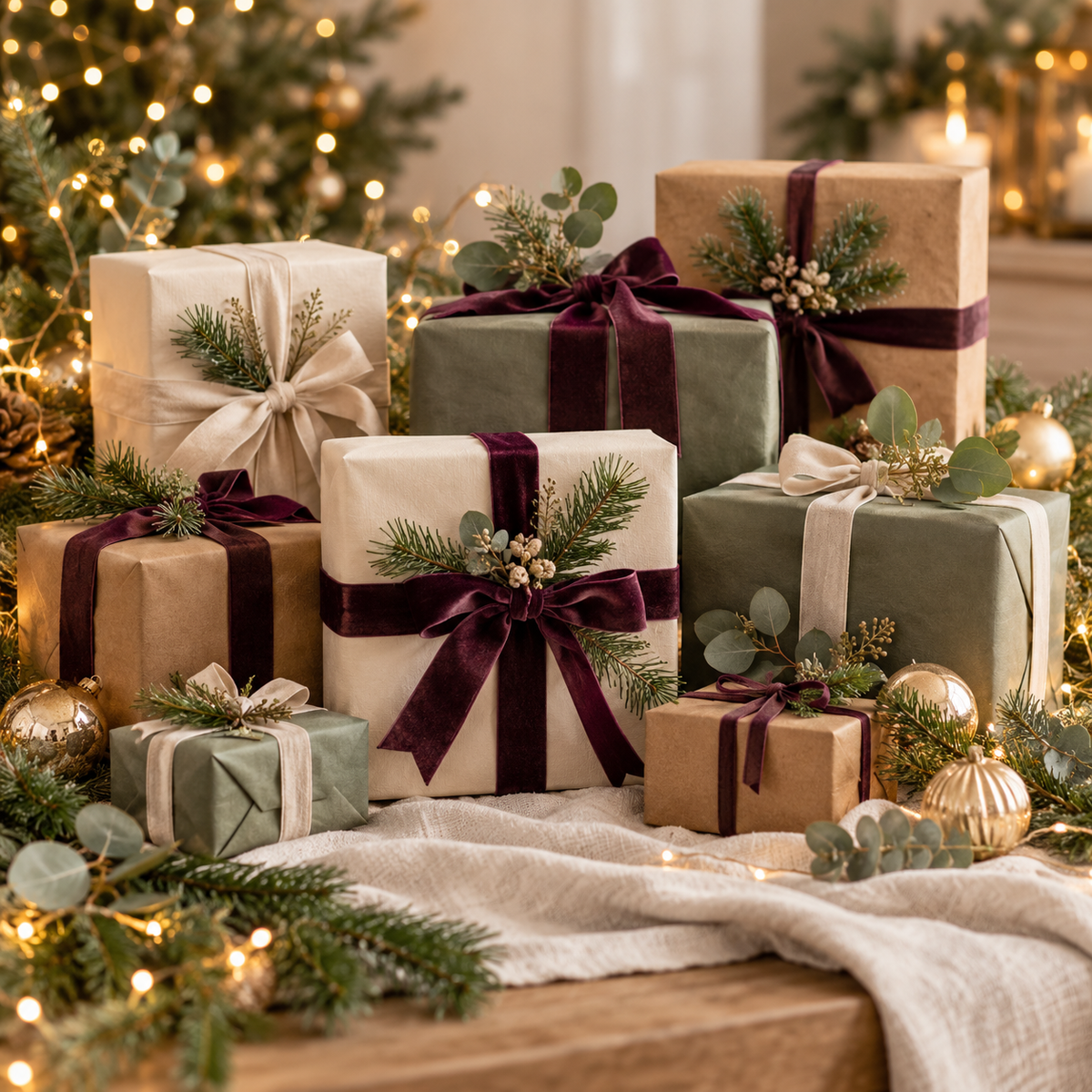 Thoughtfully wrapped Christmas gifts in cream, sage and plum with winter greenery and warm festive lights