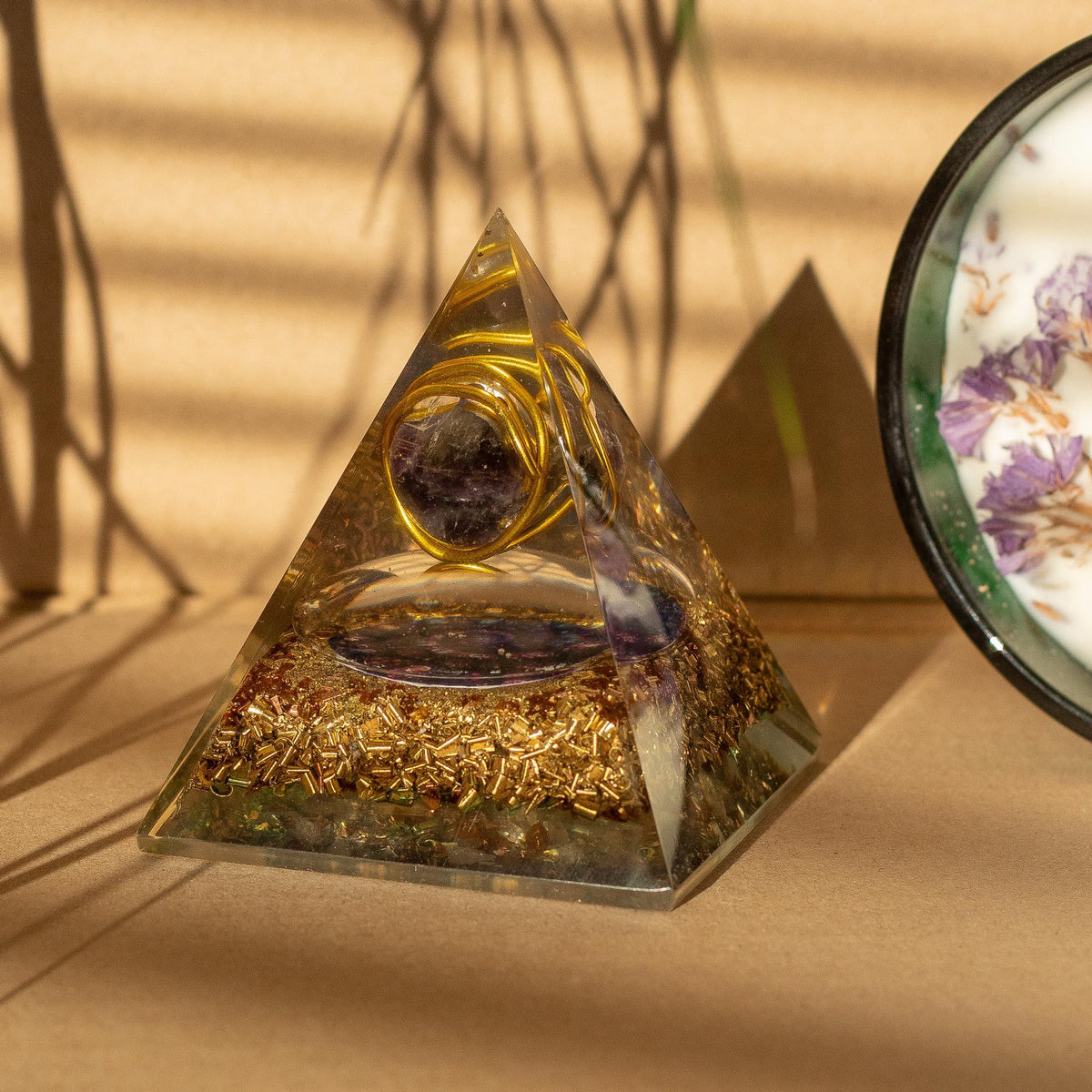 Medium Orgonite Pryamids 7x6cm - Wrapped Amythist - Copper Chips