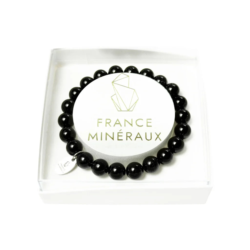 France Minéraux black tourmaline bracelet with 8 mm round black beads