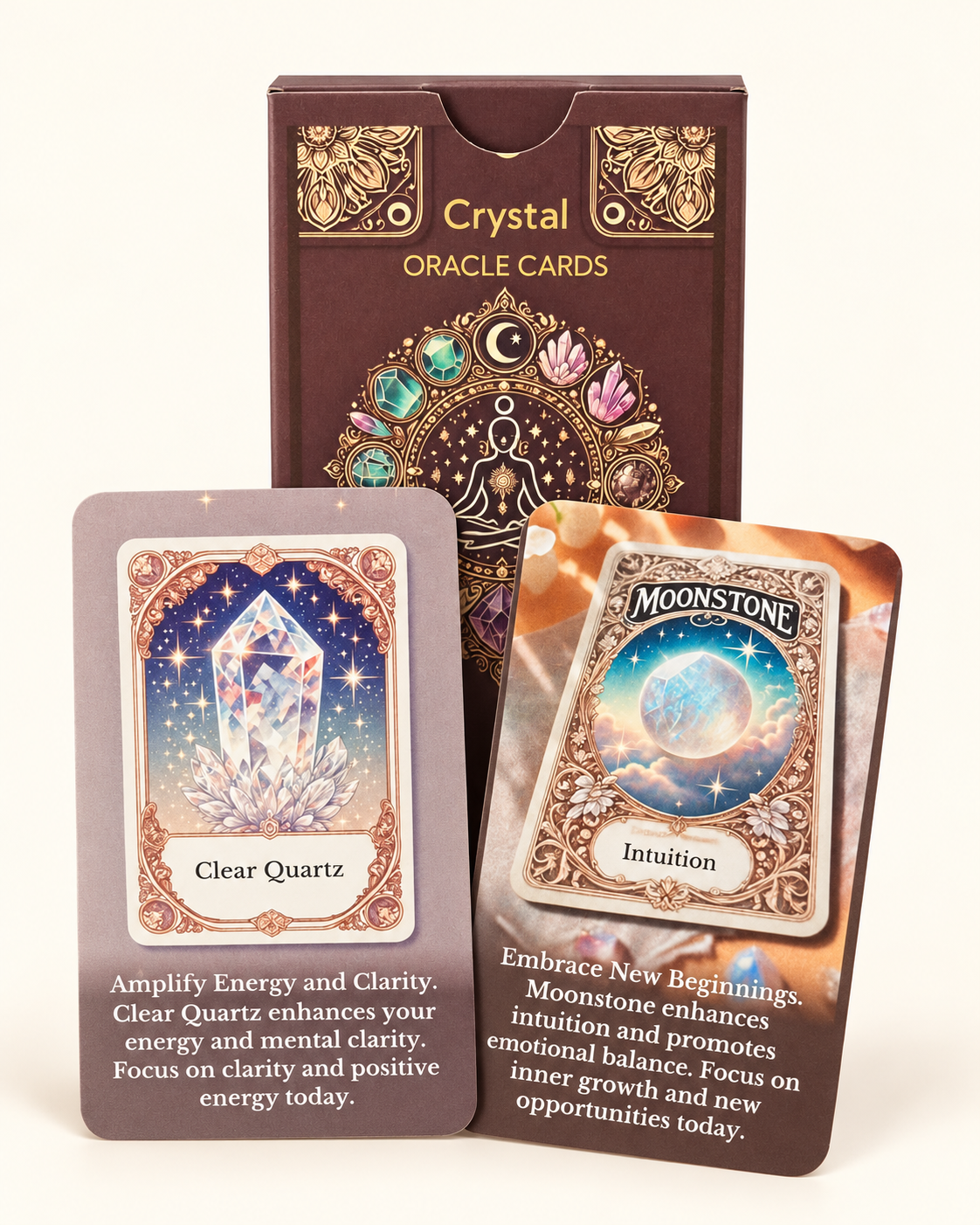 Crystal Oracle Cards with the original Clear Quartz and Moonstone sample cards, on a cream background.