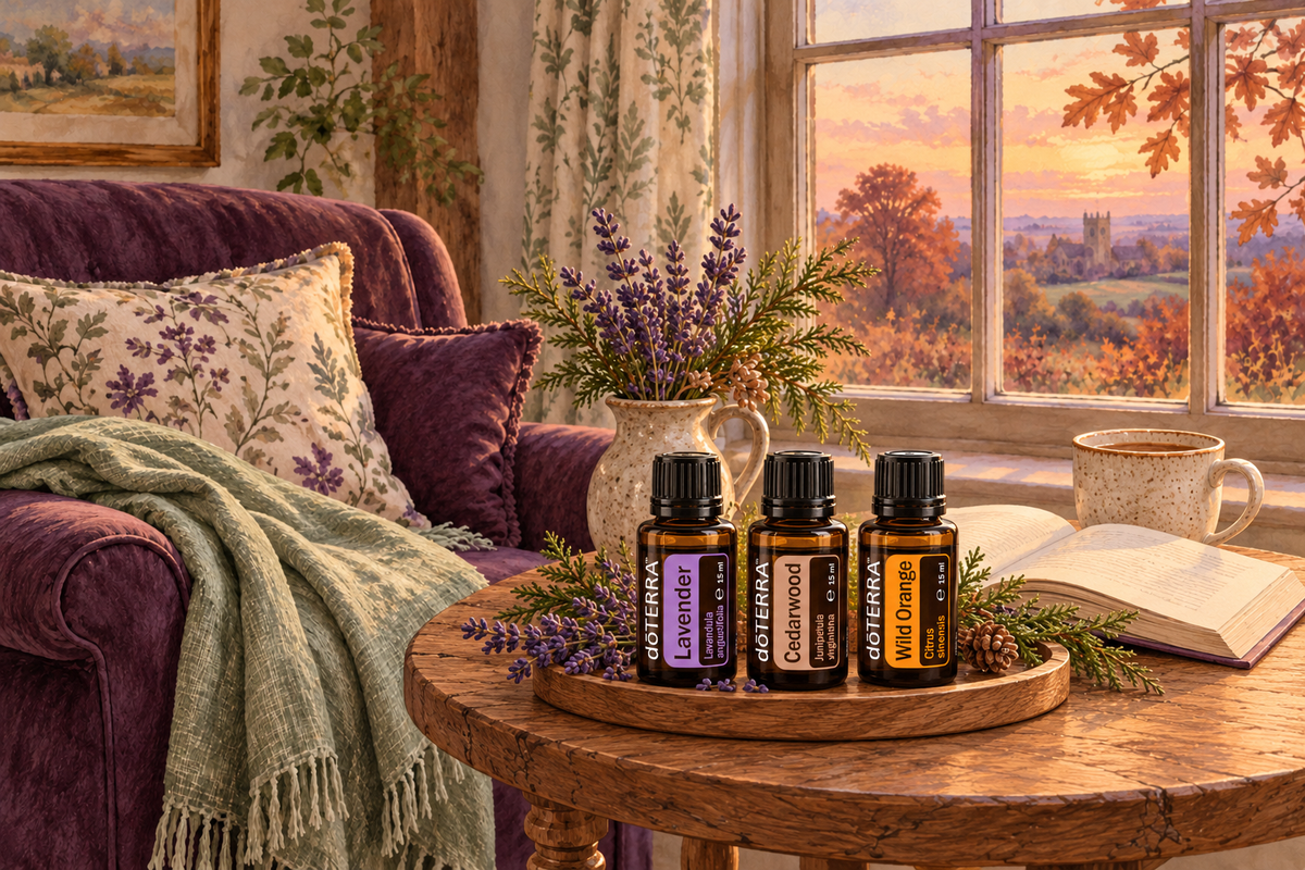 Autumn watercolour reading corner with illustrated dōTERRA Lavender, Cedarwood and Wild Orange bottles on an oak tray.
