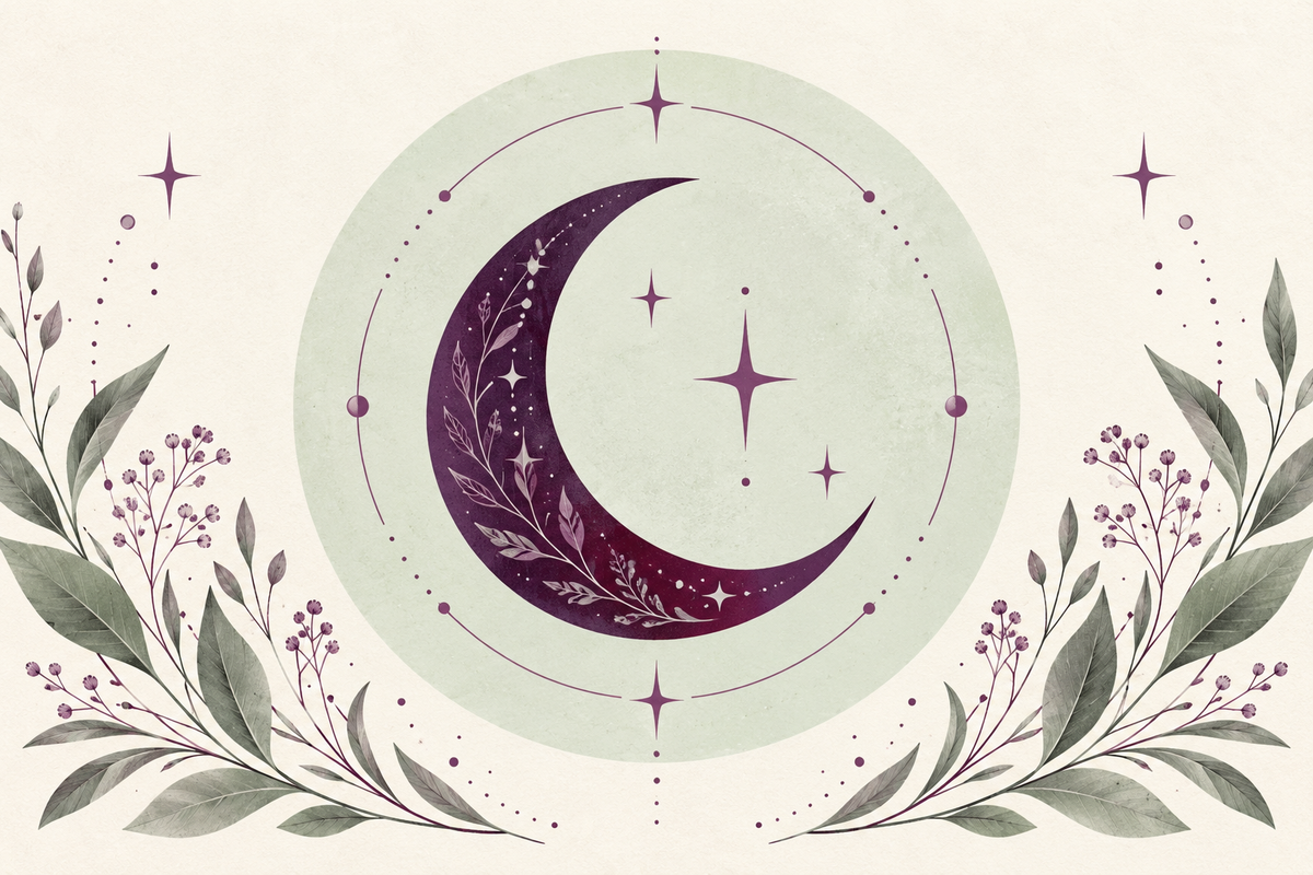 Decorative plum crescent moon and stars with sage botanical branches on a cream background.