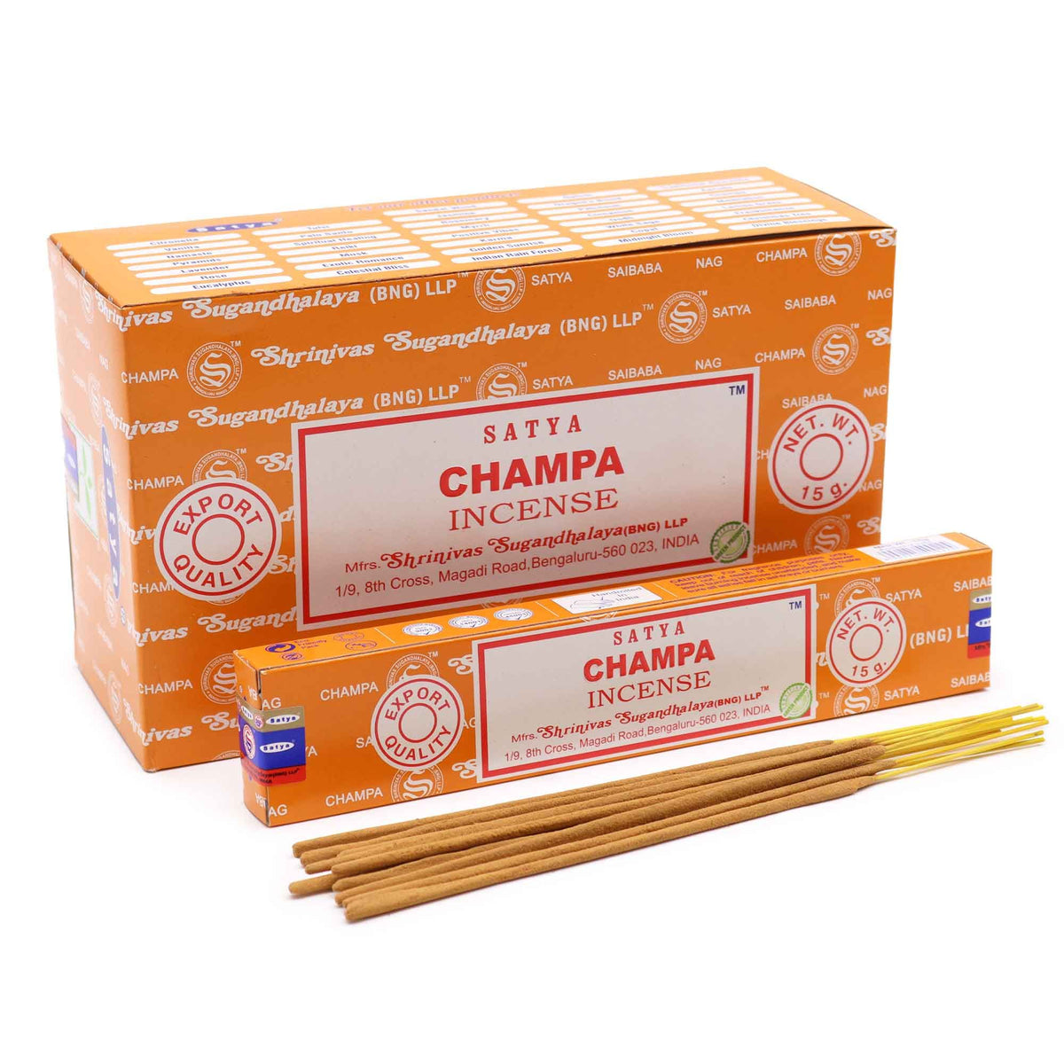 Satya Champa incense boxes with natural incense sticks on a white background.