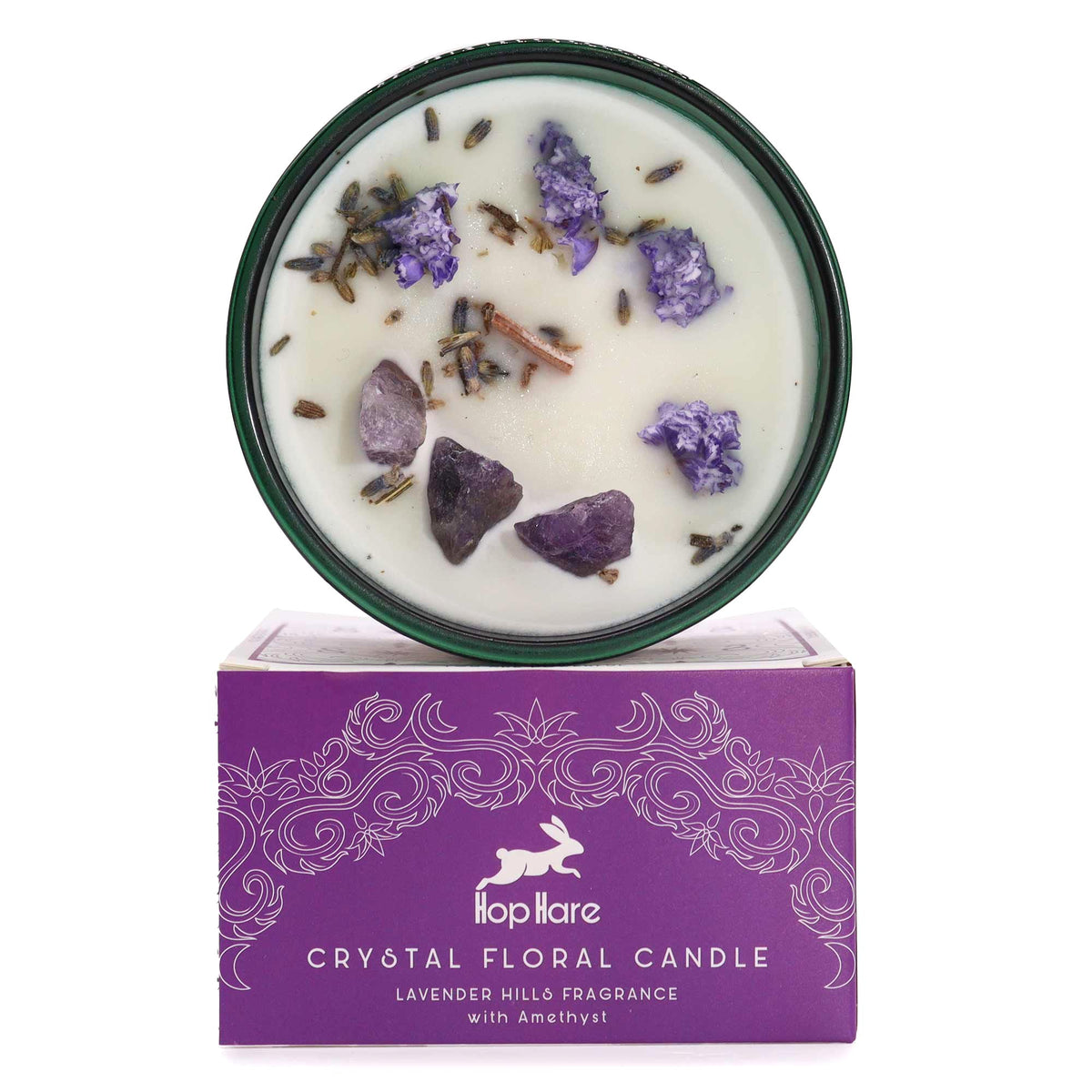 Hop Hare lavender and amethyst crystal flower candle with its purple branded box.