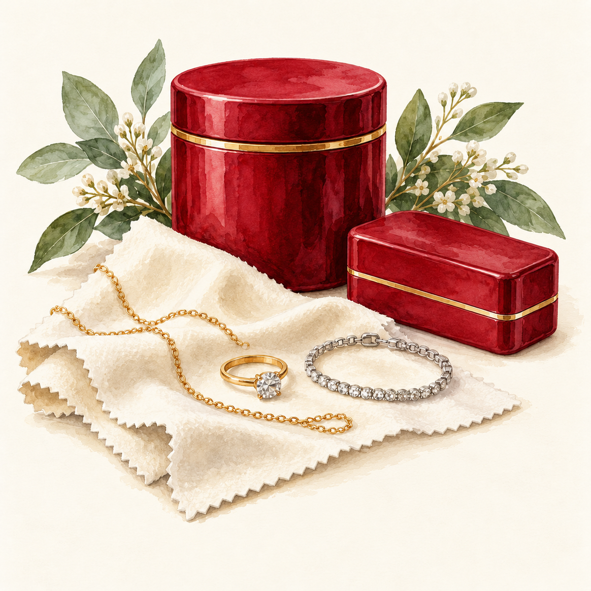 Watercolour artwork of a red jewellery-cleaner pot, wipes and polishing cloth beside gold and silver jewellery.