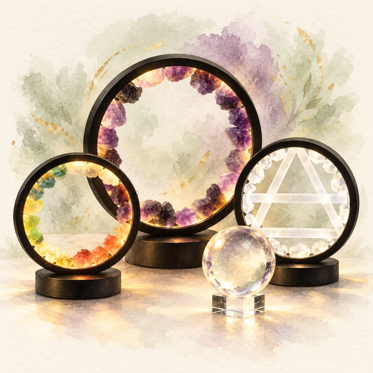 Watercolour artwork of circular gemstone halo lamps in amethyst, clear stones and chakra colours, with a crystal ball on a stand.