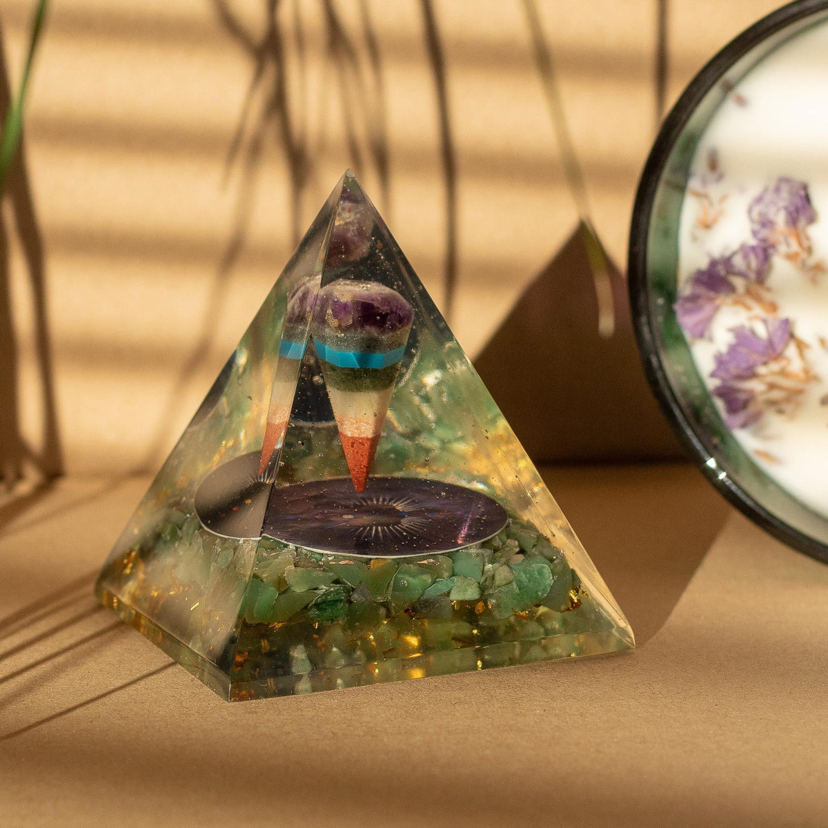 Medium Orgonite Pryamids 7x6cm - Pendulum - Green Adventurine Chips