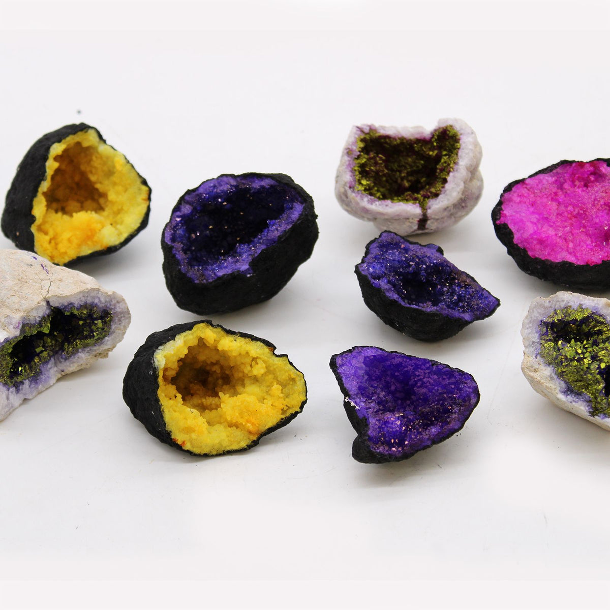 Coloured Calcite Geodes - Black Rock - Turquoise / Purple