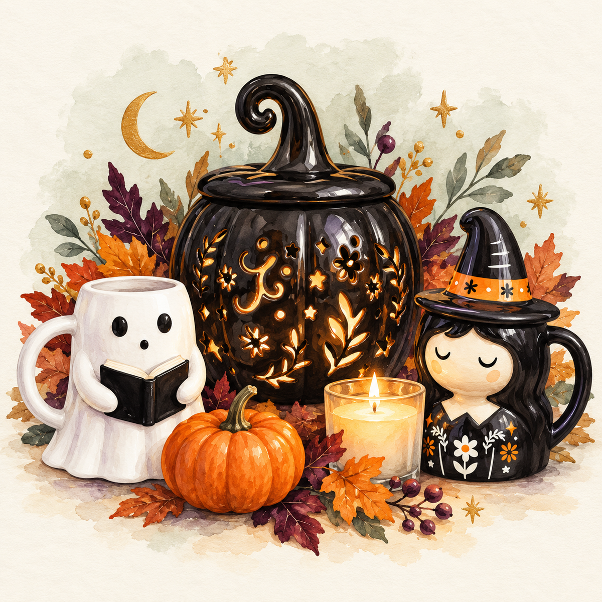 Autumn watercolour artwork of a black pumpkin wax burner, characterful Halloween mugs and a candle with leaves.