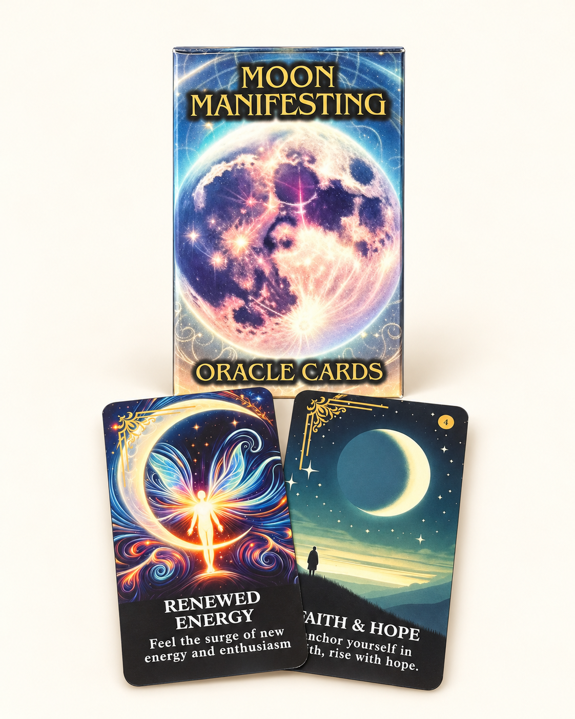Moon Manifesting Oracle Cards with two original sample cards, on a cream background.