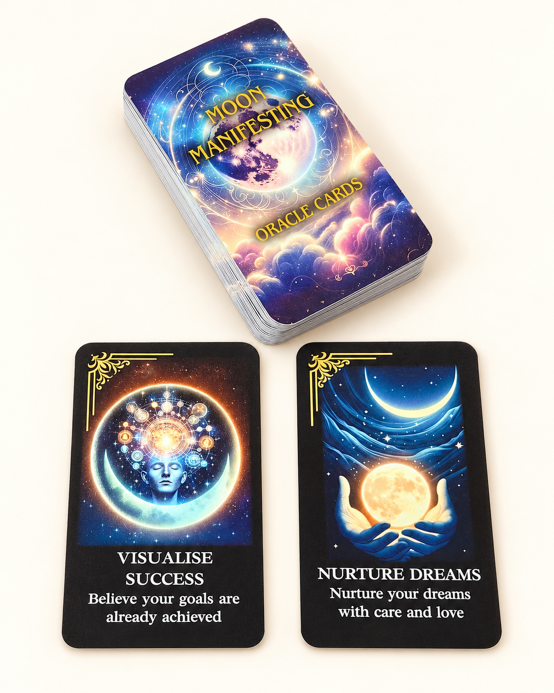 Moon Manifesting Oracle Cards deck with the Visualise Success and Nurture Dreams sample cards on a cream background.