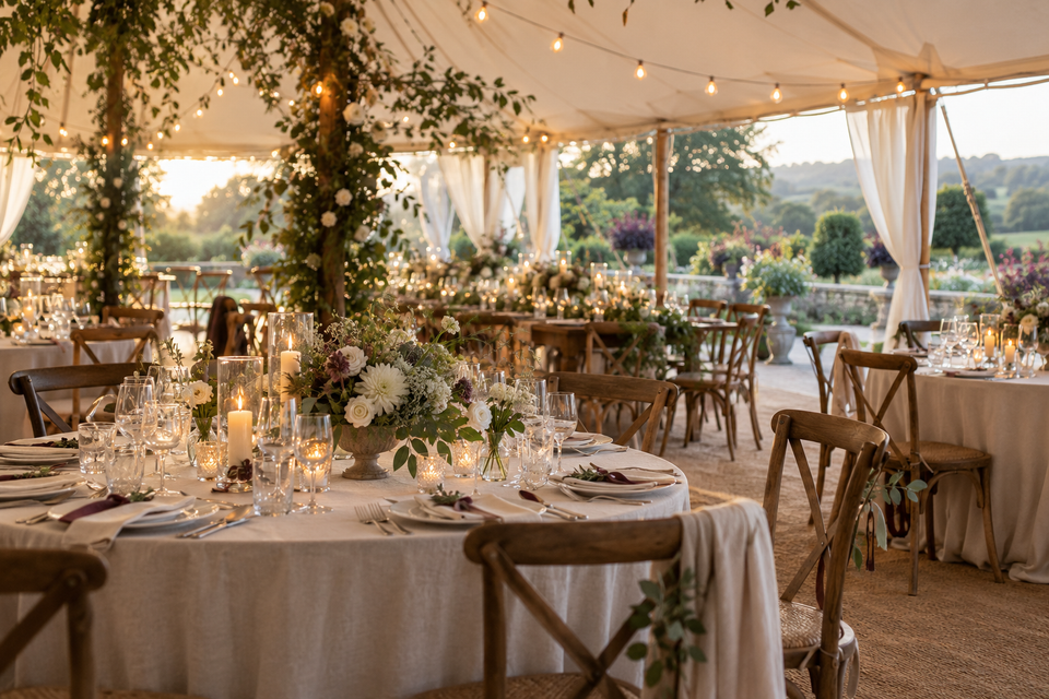 Wedding inspiration: candlelit marquee reception with flowers, linen and warm festoon lights.