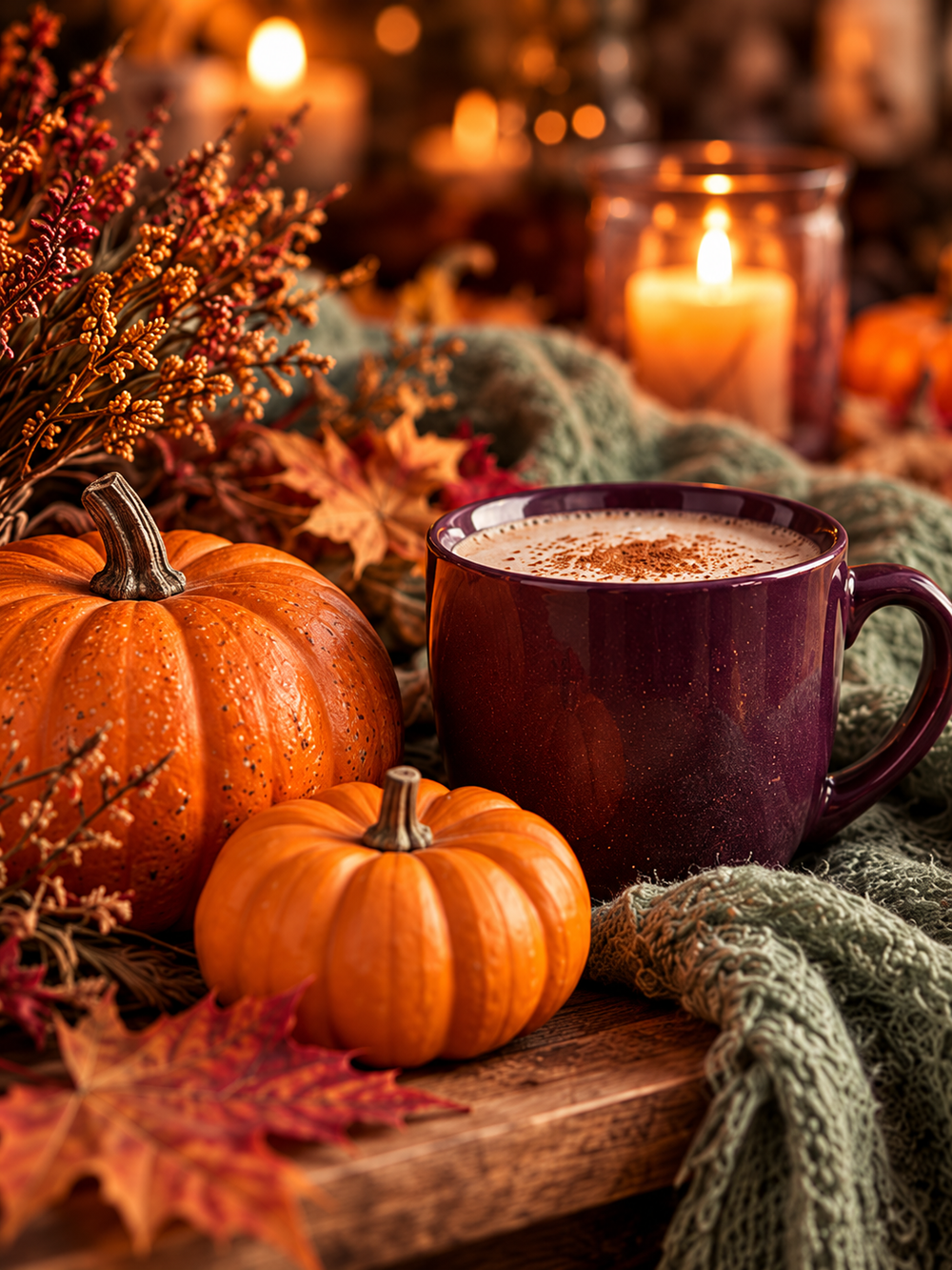 Orange pumpkins, a plum mug of hot chocolate and a sage knitted blanket in warm autumn light.