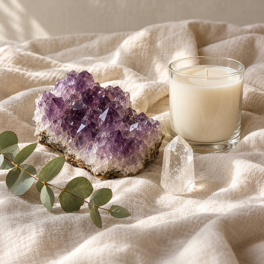Amethyst, clear quartz and an ivory candle on cream linen with eucalyptus.