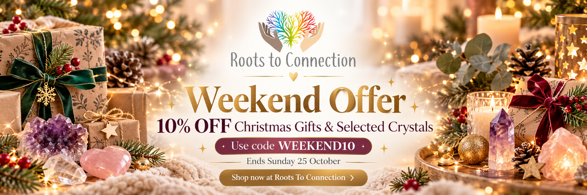 Roots to Connection weekend offer artwork with Christmas gifts, candles and crystals.